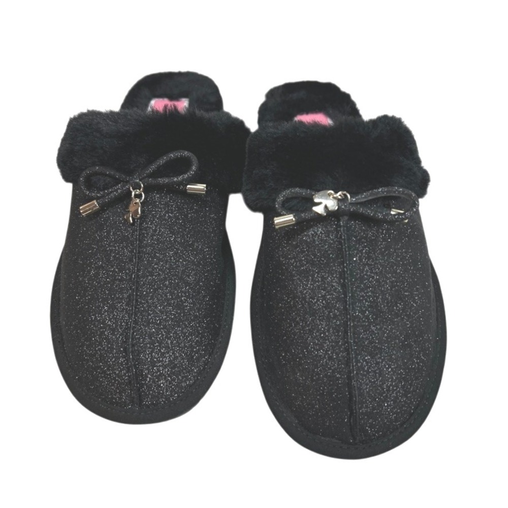 Kate Spade Lacey‎ Slippers Charm Sparkle Bow Faux Fur Scuff Black Size 7B